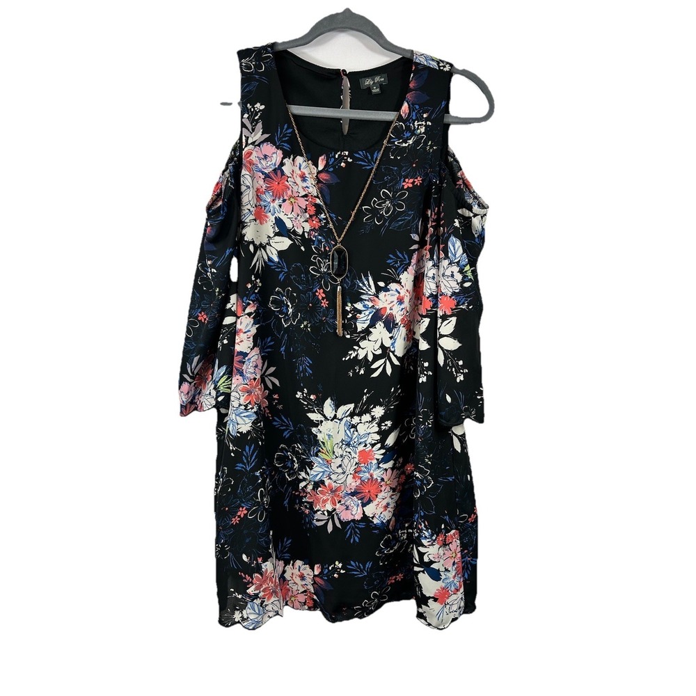 LILY ROSE‎ Floral Cold Shoulder Dress M Scallop Sleeve Necklace Boho Romance